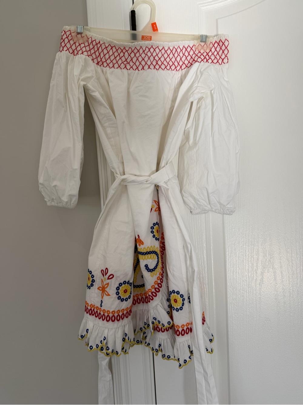 Tularosa White Off-Shoulder Woman’s Dress with Red, Blue & Yellow Embroidery